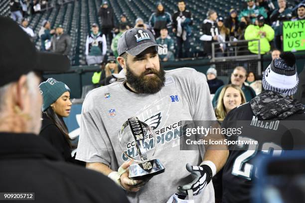 Philadelphia Eagles center Jason Kelce holds the George Halas trophy during the NFC Championship game between the Philadelphia Eagles and the...