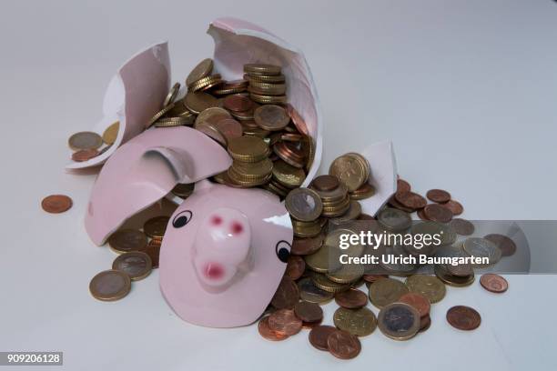 Symbol photo on the topics save up, conserve, household, state budget, interest rate, economy, etc. The picture shows a shattered piggy bank and...