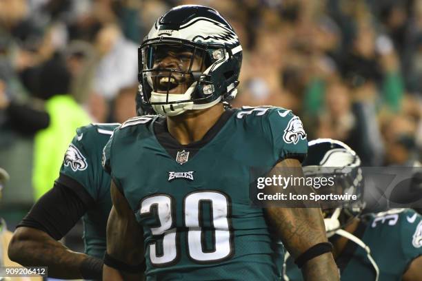 Philadelphia Eagles running back Corey Clement reacts after a touchdown during the NFC Championship game between the Philadelphia Eagles and the...