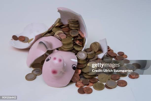 Symbol photo on the topics save up, conserve, household, state budget, interest rate, economy, etc. The picture shows a shattered piggy bank and...