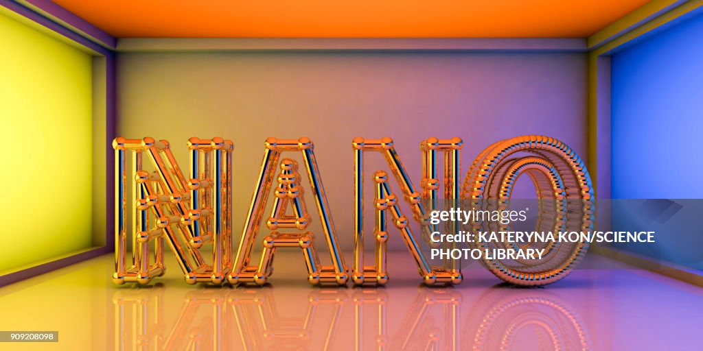 Nano words inside futuristic room, nanotechnology concept