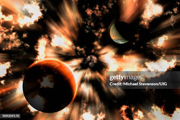 alien planets being drawn into a black hole. - black hole event horizon stock illustrations