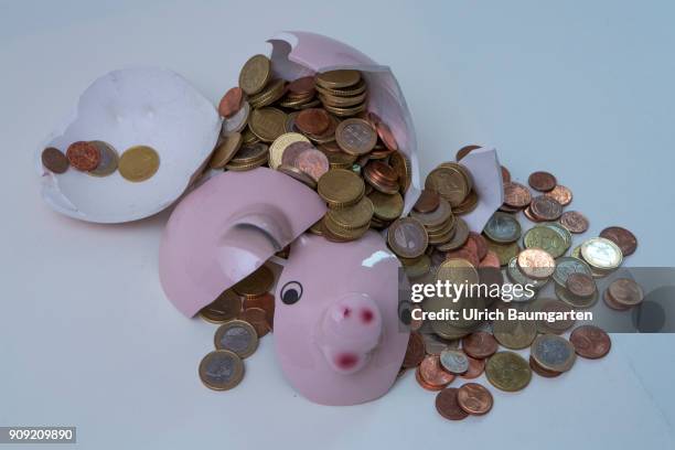 Symbol photo on the topics save up, conserve, household, state budget, interest rate, economy, etc. The picture shows a shattered piggy bank and...