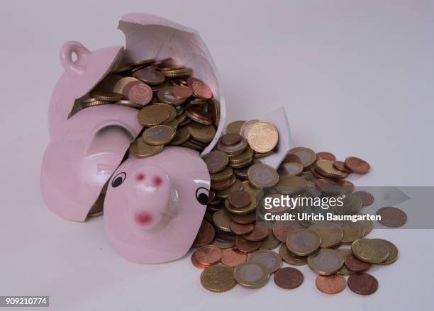 Symbol photo on the topics save up, conserve, household, state budget, interest rate, economy, etc. The picture shows a shattered piggy bank and...