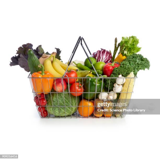 shopping basket full of fresh produce - basket stock-fotos und bilder