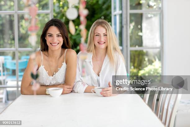 women sitting at table with coffee, smiling - side by side stock pictures, royalty-free photos & images