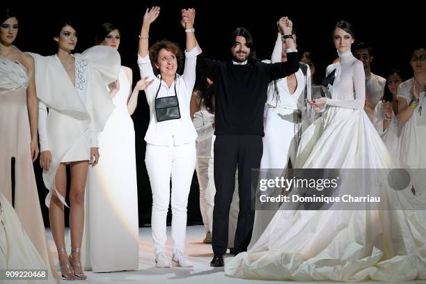 Designer Stephane Rolland, Nieves Alvarez and models on stage during the Stephane Rolland Haute Couture Spring Summer 2018 show as part of Paris...