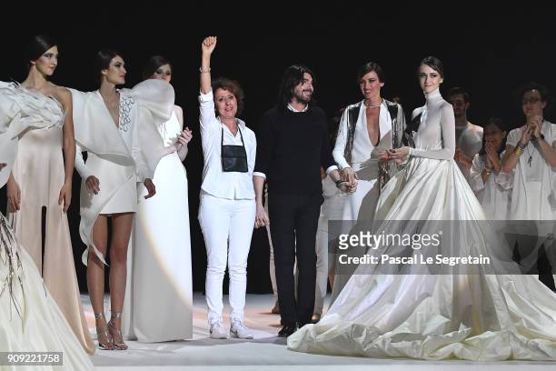 Designer Stephane Rolland and model Nieves Alvarez on stage during the Stephane Rolland Spring Summer 2018 show as part of Paris Fashion Week on...
