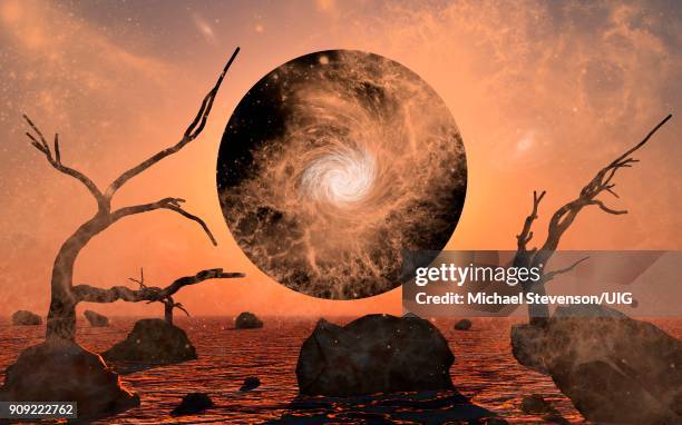an alien planet being pulled into a deadly black hole. - einstein stock illustrations