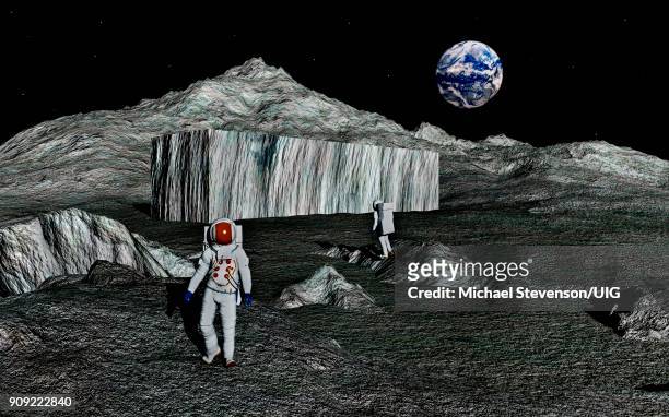 two members of apollo 17, reportedly found large shoe box shaped structure on moon - apollo 17 stock illustrations