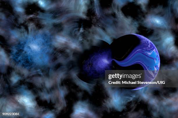 a rogue planet being pulled into a black hole - black hole event horizon stock illustrations