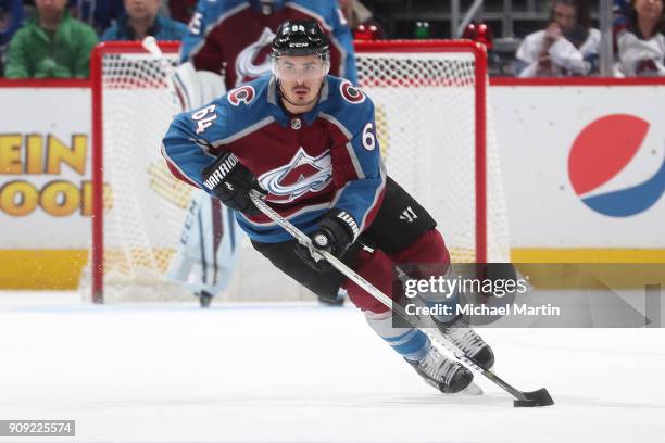 Nail Yakupov of the Colorado Avalanche skates against the New York Rangers at the Pepsi Center on January 20, 2018 in Denver, Colorado. The Avalanche...