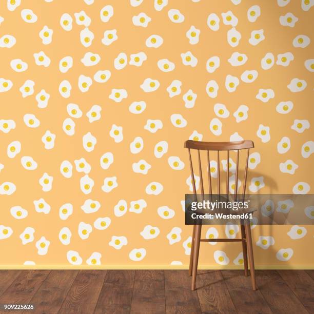 stockillustraties, clipart, cartoons en iconen met wallpaper with fried egg pattern, wood chair and wooden floor, 3d rendering - egg chair