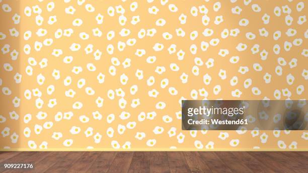 illustrations, cliparts, dessins animés et icônes de wallpaper with fried egg pattern and wooden floor, 3d rendering - orange couleur