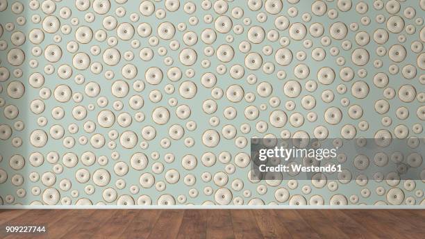 wallpaper with doughnut pattern and wooden floor, 3d rendering - fußleiste stock-grafiken, -clipart, -cartoons und -symbole