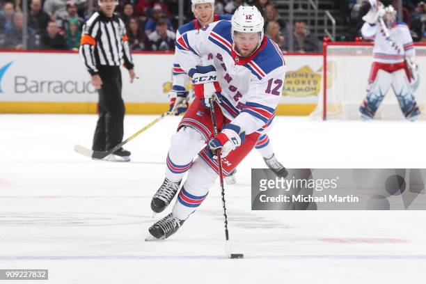 Peter Holland of the New York Rangers skates against the Colorado Avalanche at the Pepsi Center on January 20, 2018 in Denver, Colorado. The...