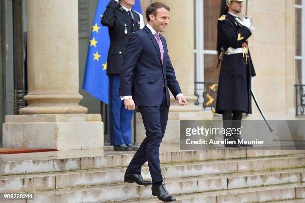 French President Emmanuel Macron welcomes Armenian President Serge Sarkissian at Elysee Palace on January 23, 2018 in Paris, France. During this work...