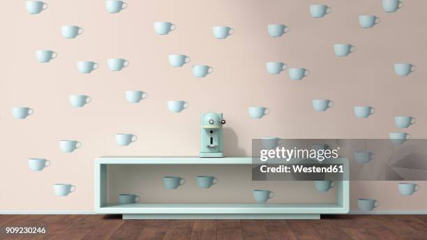 illustrazioni stock, clip art, cartoni animati e icone di tendenza di coffee machine on sideboard in front of wallpaper with cup pattern, 3d rendering - elettrodomestici