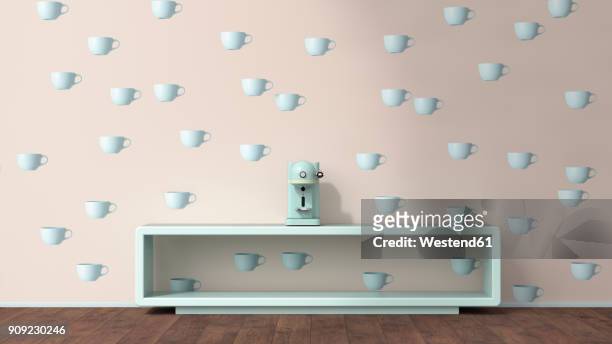coffee machine on sideboard in front of wallpaper with cup pattern, 3d rendering - floorboard 幅插畫檔、美工圖案、卡通及圖標