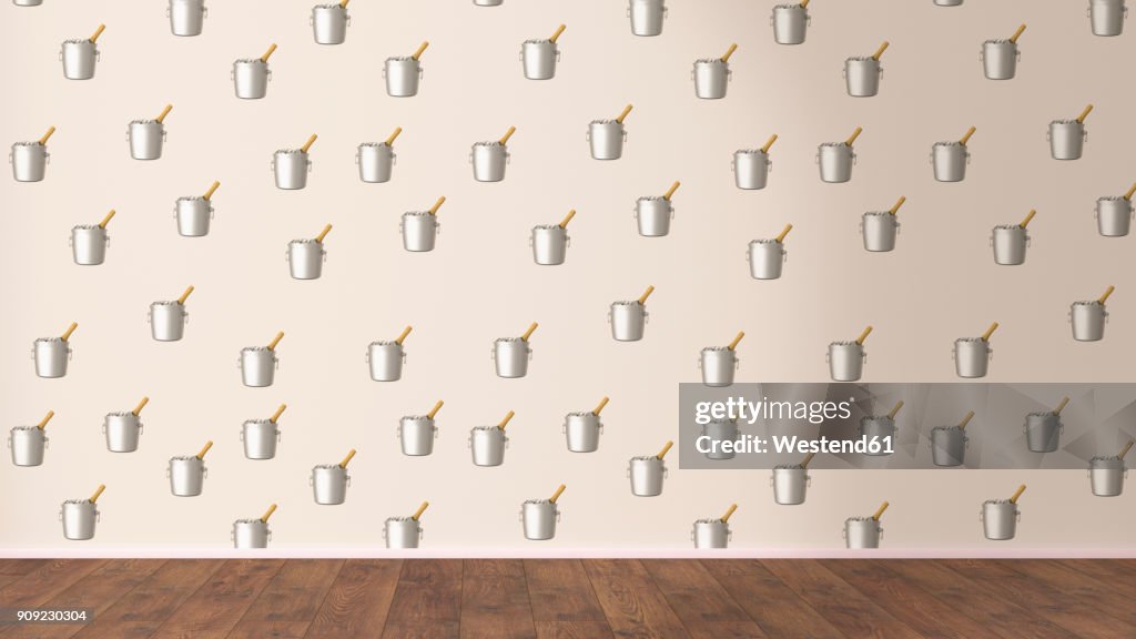 Wallpaper with champagne cooler pattern and wooden floor, 3D Rendering