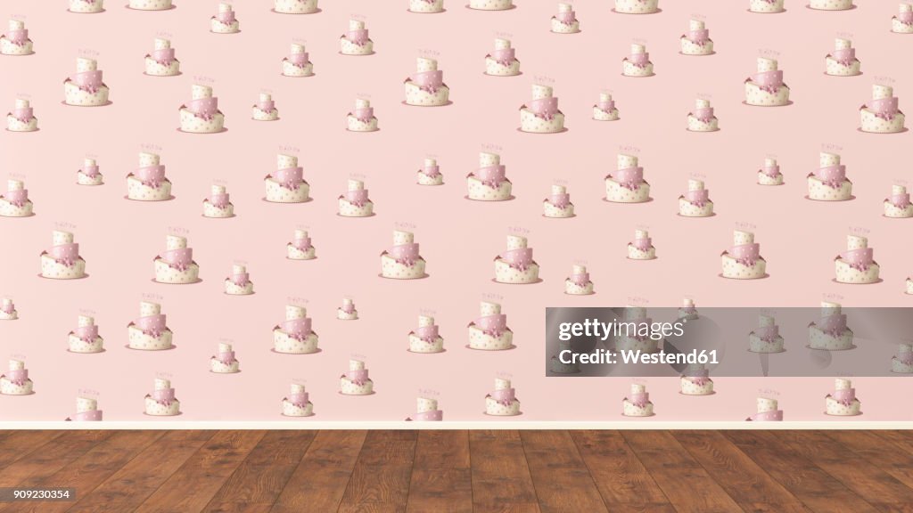 Wallpaper with fancy cake pattern and wooden floor, 3D Rendering