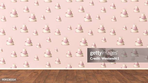 wallpaper with fancy cake pattern and wooden floor, 3d rendering - skirting board stock illustrations