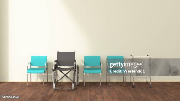 illustrazioni stock, clip art, cartoni animati e icone di tendenza di row of wheelchair, wheeled walker and chairs in a waiting room, 3d rendering - fianco a fianco