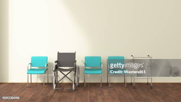 row of wheelchair, wheeled walker and chairs in a waiting room, 3d rendering - disability stock illustrations