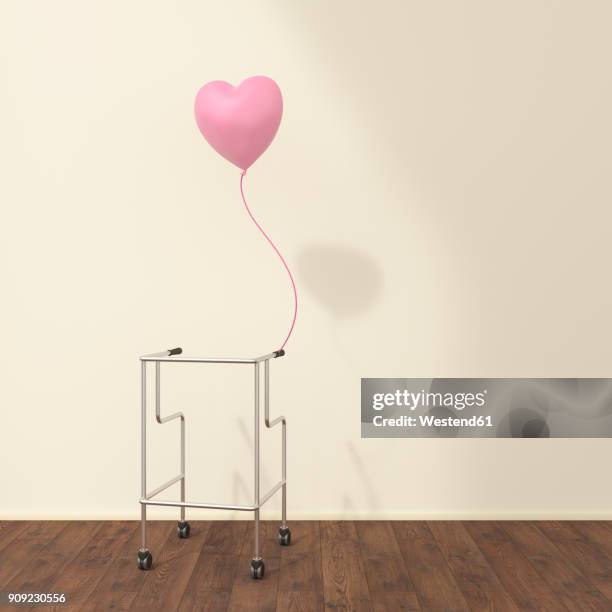 ilustrações de stock, clip art, desenhos animados e ícones de wheeled walker and pink balloon in a waiting room, 3d rendering - andador