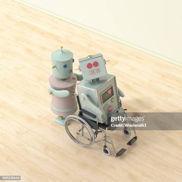 female robot pushing male robot sitting in wheelchair, 3d rendering - laminiertes plastik stock-grafiken, -clipart, -cartoons und -symbole