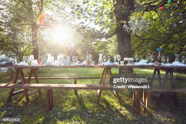 festive decorated table outdoors - wedding table setting stockfoto's en -beelden