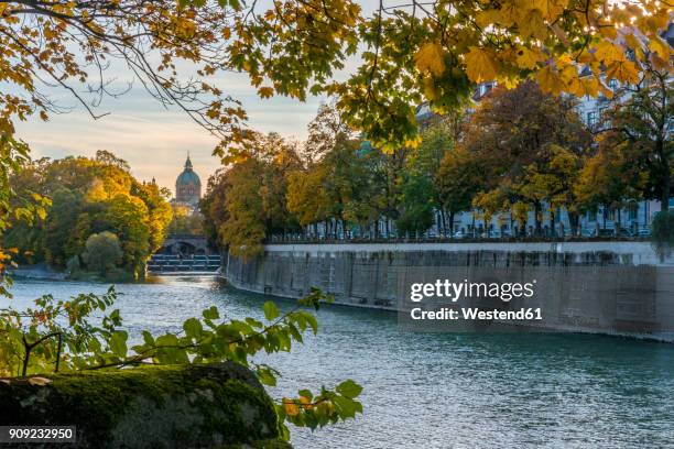 germany, bavaria, munich, river isar, prater island and st luke's church in autumn - isar münchen stock pictures, royalty-free photos & images