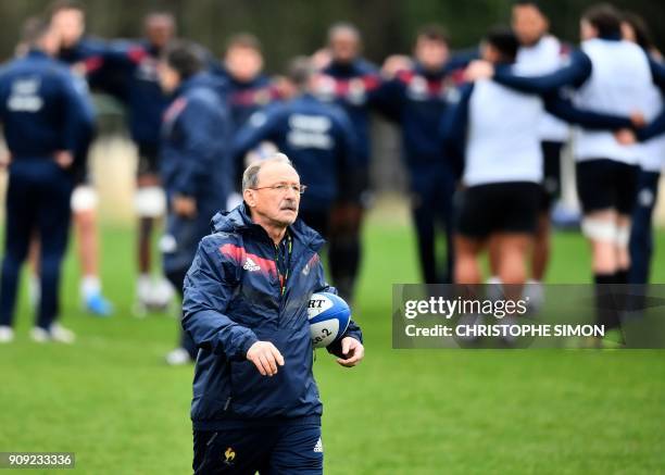 France rugby union national team coach Jacques Brunel attends a training session on January 23, 2018 at the team's training camp in Marcoussis, south...