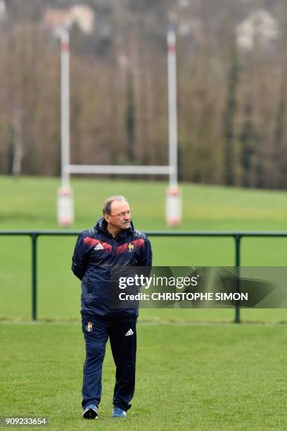 France rugby union national team coach Jacques Brunel attends a training session on January 23, 2018 at the team's training camp in Marcoussis, south...