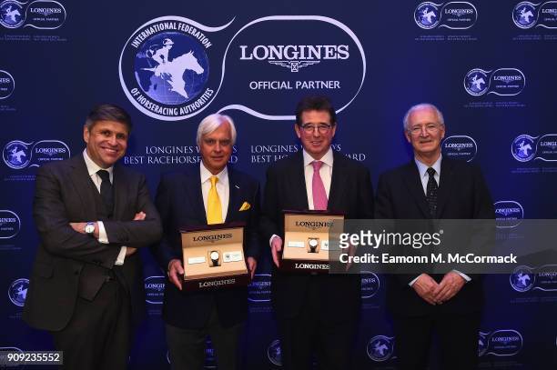 Bob Baffert and Lord Teddy Grimthorpe receive the Longines Worlds Best Racehorse Award from Mr. Juan-Carlos Capelli , Vice President of Longines and...
