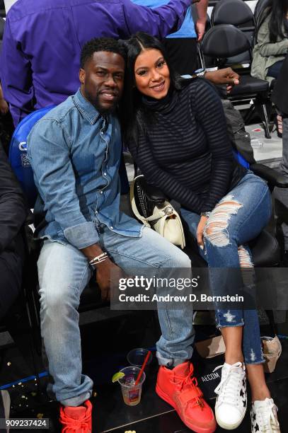 Kevin Hart and Eniko Parrish attend the Minnesota Timberwolves game against the LA Clippers on January 22, 2018 at STAPLES Center in Los Angeles,...