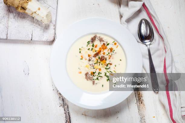 bowl of horseradish soup with tafelspitz, potatoes, carrots and chives - radish stock pictures, royalty-free photos & images