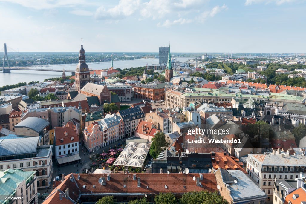 Latvia, Riga, Old town, with Riga Cathedral and St. Peter's Church, Daugava river