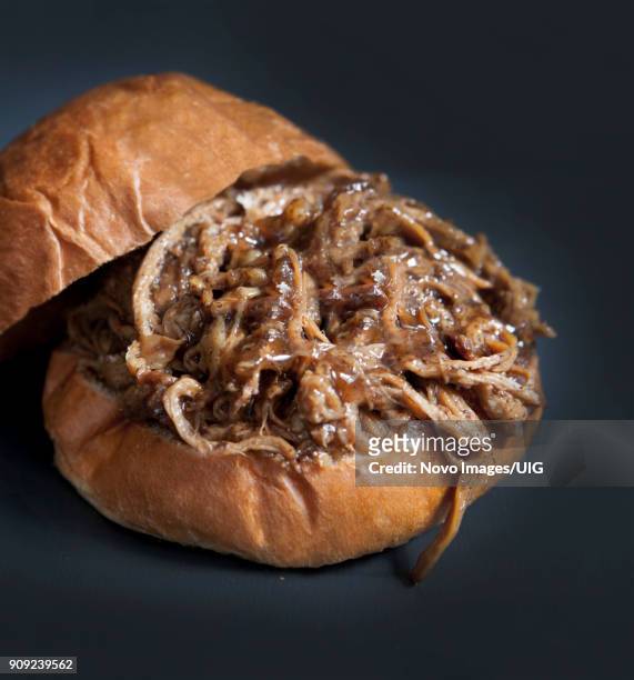 homemade barbeque pulled pork sandwich on bun - barbeque sauce imagens e fotografias de stock