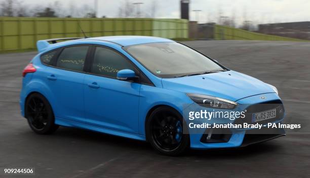 Ford Focus RS, at Stratford Waterfront in London, displays its 'Buzz Moment' whereby some exterior lights illuminate in tune to the driver's emotions.