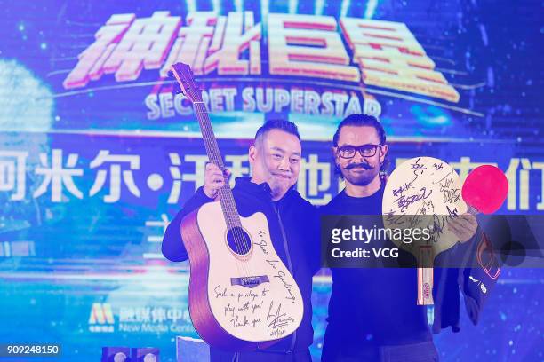 Bollywood actor Aamir Khan and former Chinese table tennis player Liu Guoliang attend 'Secret Superstar' press conference on January 23, 2018 in...