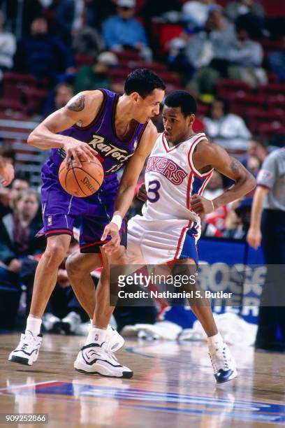 Allen Iverson of the Philadelphia 76ers defends during a game played on January 29, 1997 at the First Union Arena in Philadelphia, Pennsylvania. NOTE...