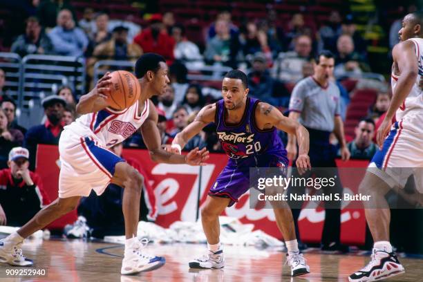 Allen Iverson of the Philadelphia 76ers drives during a game played on January 29, 1997 at the First Union Arena in Philadelphia, Pennsylvania. NOTE...