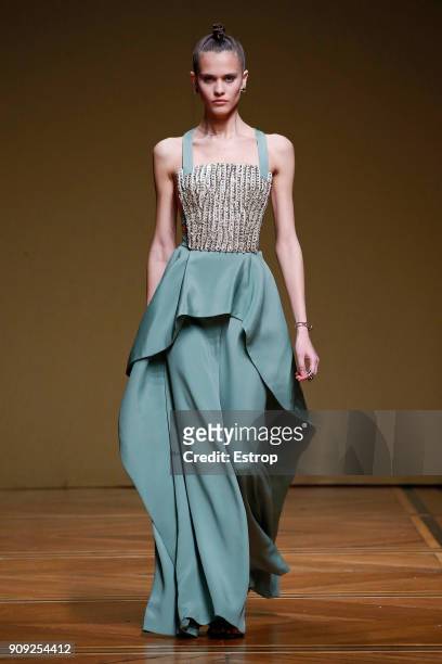 Model walks the runway during the Antonio Grimaldi Spring Summer 2018 show as part of Paris Fashion Week on January 22, 2018 in Paris, France.