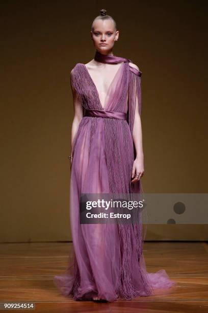 Model walks the runway during the Antonio Grimaldi Spring Summer 2018 show as part of Paris Fashion Week on January 22, 2018 in Paris, France.