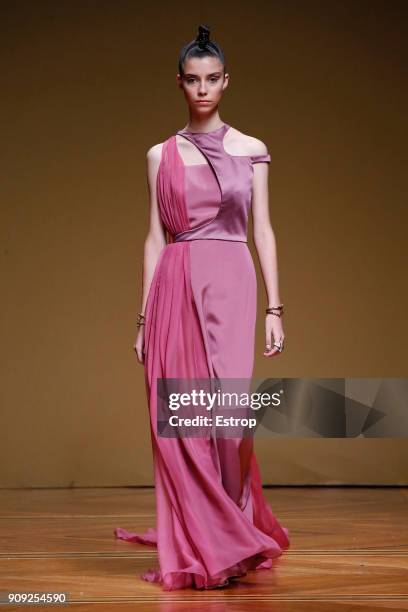 Model walks the runway during the Antonio Grimaldi Spring Summer 2018 show as part of Paris Fashion Week on January 22, 2018 in Paris, France.