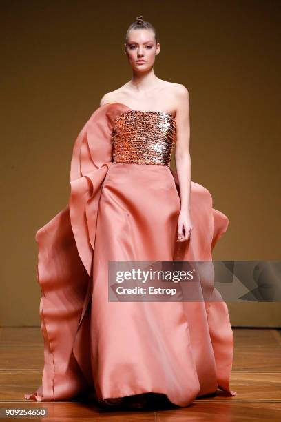 Model walks the runway during the Antonio Grimaldi Spring Summer 2018 show as part of Paris Fashion Week on January 22, 2018 in Paris, France.