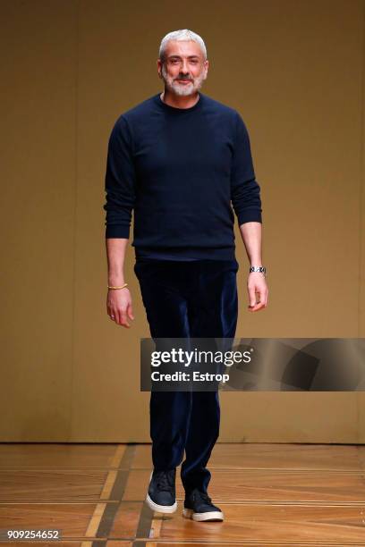 Model walks the runway during the Antonio Grimaldi Spring Summer 2018 show as part of Paris Fashion Week on January 22, 2018 in Paris, France.