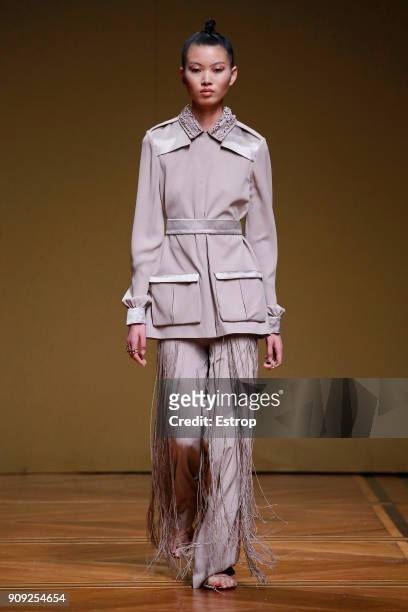Model walks the runway during the Antonio Grimaldi Spring Summer 2018 show as part of Paris Fashion Week on January 22, 2018 in Paris, France.