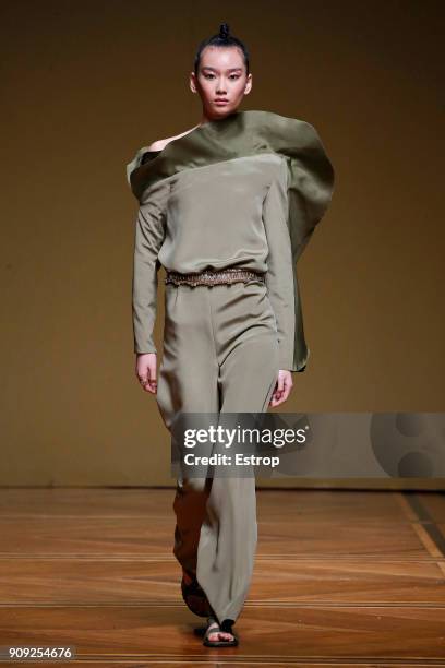 Model walks the runway during the Antonio Grimaldi Spring Summer 2018 show as part of Paris Fashion Week on January 22, 2018 in Paris, France.